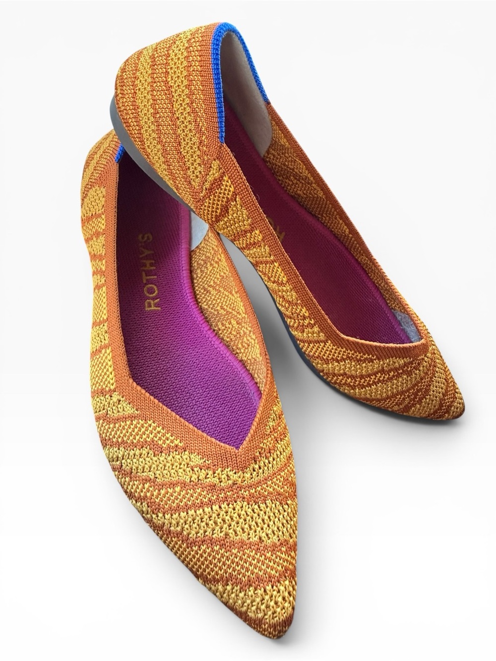 Rothy's Orange and Yellow Pointed Knit Flats‎ with Purple Insole